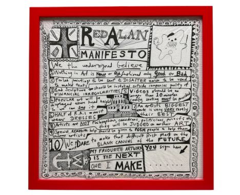 Sir Grayson Perry RA (British 1960-): 'Red Alan Manifesto', digital print on a paper napkin, 32cm x 32cm 