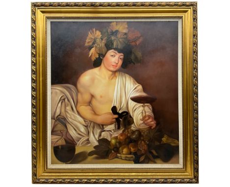 After Caravaggio (Italian 1571-1610): Bacchus, large oil on canvas unsigned 94cm x 83cm 