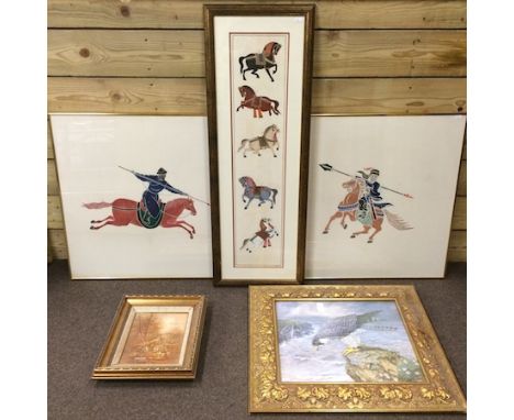 Chinese school, warriors on horseback, a pair of coloured prints, 65 x 65cm, together with another of horses, an oil on canva