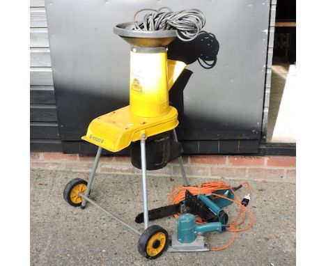 An Al-Ko electric garden shredder, together with an electric chainsaw and a sander