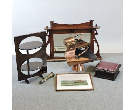An Art Nouveau walnut over mantle mirror, 67 x 104cm, together with a folding cake stand, a Victorian footstool, a copper coa
