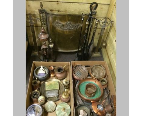 A collection of copper and silver plate, together with fire tools and a brass fire screen