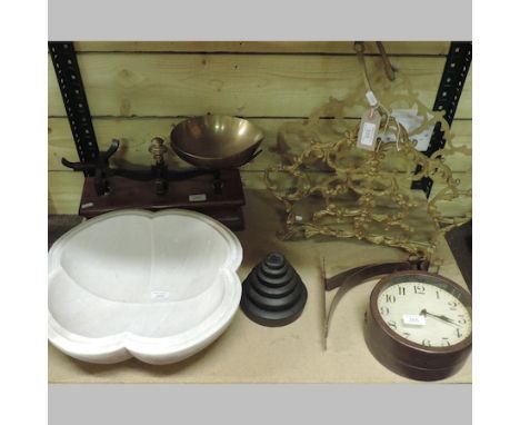 A pair of balance scales, on a wooden base, together with a reconstituted marble jardiniere, a gilt magazine rack and a wall 