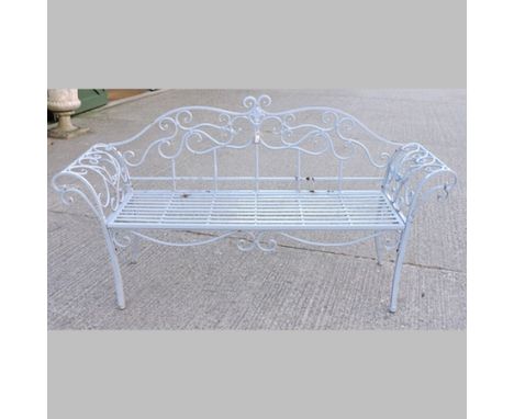 A grey painted iron garden bench, with scrolled arms, 185cm