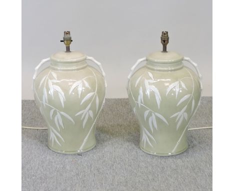A pair of ceramic table lamps, with bamboo decoration, 50cm