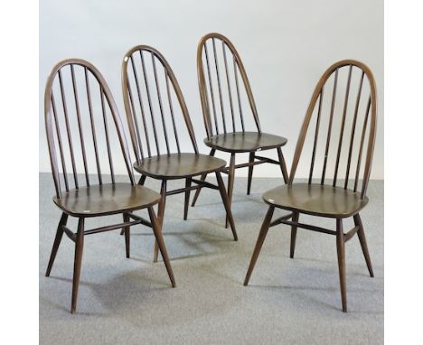 A set of four Ercol dark elm spindle back dining chairs, together with a pair of bentwood armchairs
