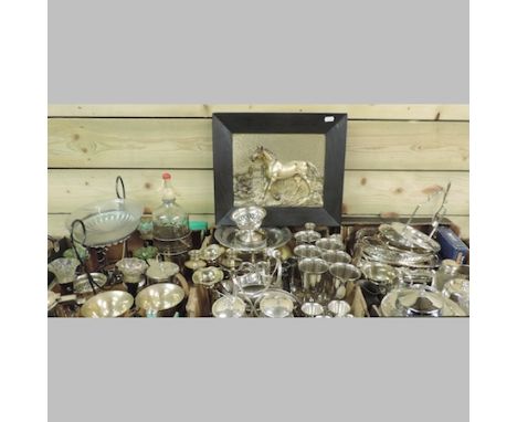 A collection of silver plate, together with an epergne, a George Bommer brass plaque, a large landscape oil and a print