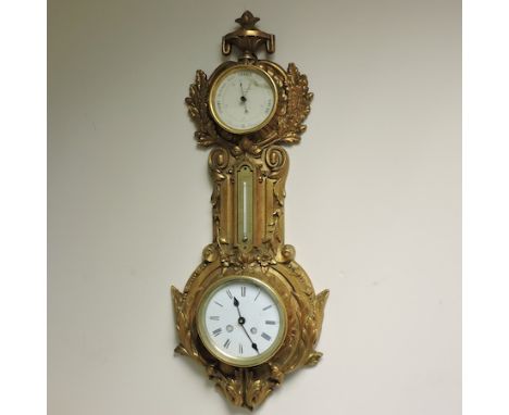 A 19th century ormolu cased wall clock and barometer, inscribed, J.J. Wainwright and Co., Birmingham, 62cm tall