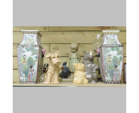 A pair of Chinese vases, 43cm tall, together with a Sylvac dog, cookie jars and other china