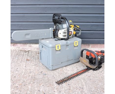 A Ryobi petrol chainsaw, together with a petrol hedge trimmer