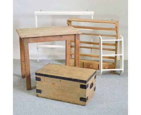 An antique pine side table, 83 x 52cm, together with a metal bound trunk, a pine wall shelf and two white painted shelves