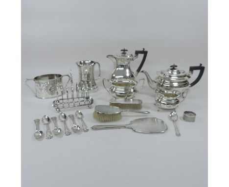 A silver Art Deco dressing table set, together with a set of six silver Kings pattern teaspoons, a napkin ring, another spoon