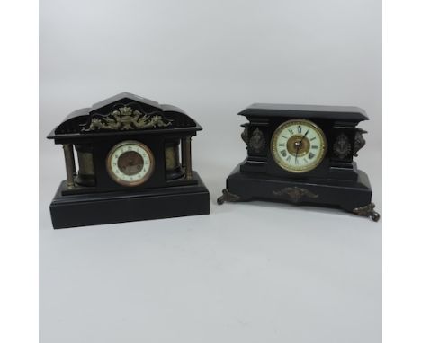 A Victorian black slate mantel clock, 32cm tall, together with another smaller