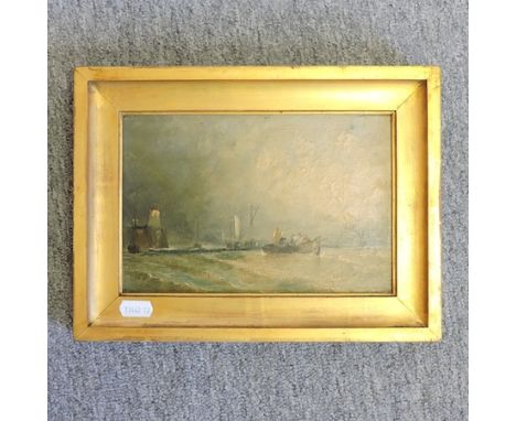 Manner of George Morland, coastal seascape, oil on panel, indistinctly signed, 14 x 22cm