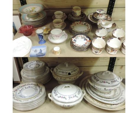 Two shelves of china to include a Staffordshire part tea service, a Worcester miniature tyg, a Royal Copenhagen pin tray and 
