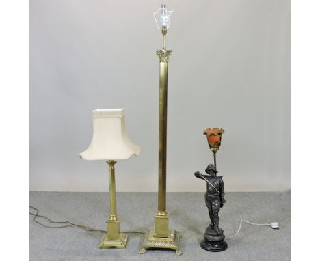 A Galle style figural table lamp, 75cm tall, together with a brass column table lamp and shade and a standard lamp