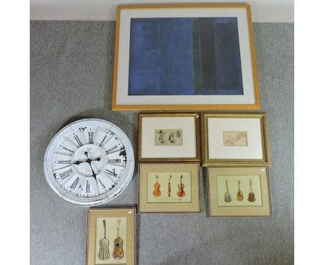 A collection of pictures and prints, to include a Rothko print and a large white painted clock