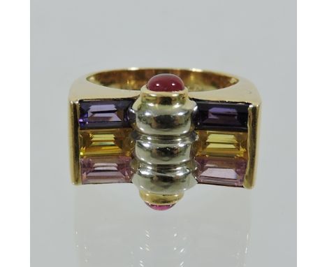 An 18 carat gold ruby, amethyst and pink sapphire ring, boxed