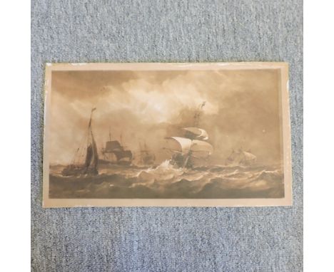John Christian Schetky, 1778-1874, an extensive seascape, signed and dated 1858, sepia watercolour, 18 x 32cm