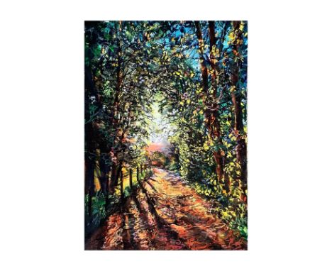 Donna Irvine, "Would I Were", mixed media on board, 30 x 42cm, c. 2021. An evening walk bathed in golden light and long shado