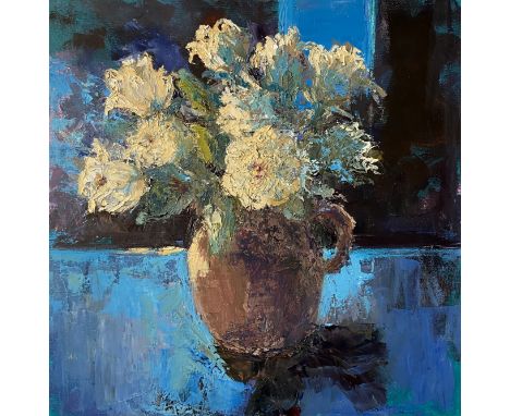 Margaret Lloyd, "Jug of Roses", 50 x 50cm, c. 2021. Jug of Roses is a textured oil painting with a palette knife. I loved the