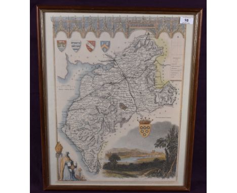 After Thomas Moule (1784-1851) a reproduction colour print, a map of Cumberland, framed and glazed, 54cm by 43.5cm.