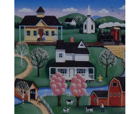 A modernist rural scene coloured print, within card mount and gilt frame, under glass 20cm x 20cm overall.