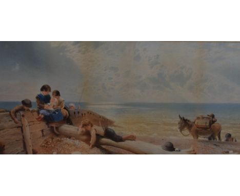 An early 20th century coloured print, children on the beach with donkey, bearing facsimile monogram lower left, mounted, fram