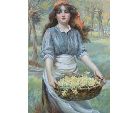 A Victorian coloured chromolithograph, entitled 'Spring Dawning' depicting a young girl collecting daffodils, within a card m