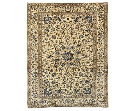 Fine Persian Nain rug, wool with silk inlay, ivory ground with central floral medallion surrounded by scrolling foliate and s