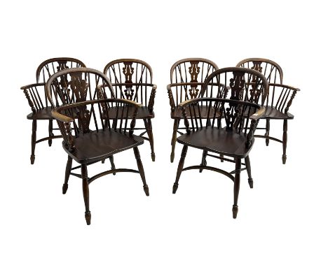 Late 20th century set six oak Windsor elbow chairs, double hoop and stick back with pierced and fretwork work splat, dished s