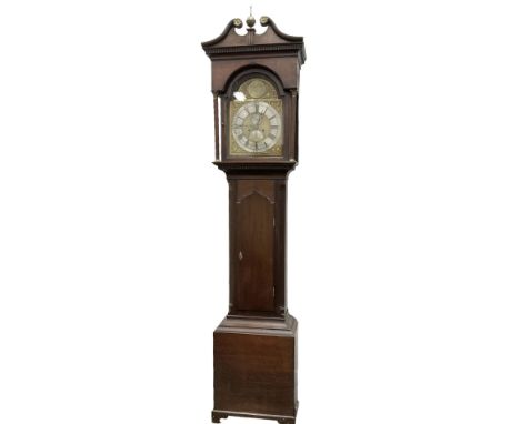 English - Late 18th century 8-day oak longcase clock, with a swans neck pediment and dentil moulding beneath, break arch dial