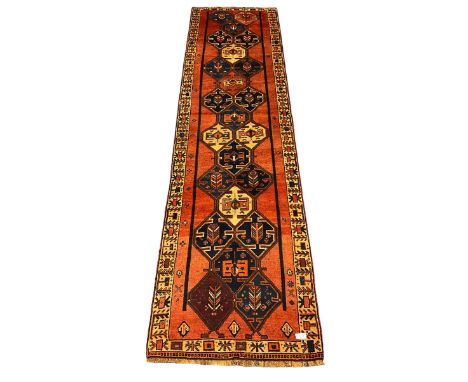 South West Persian Lori Runner, rust ground decorated with multiple interlocking medallions, the border decorated with stylis