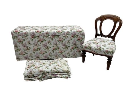 Ottoman blanket box upholstered in floral pattern fabric, matching bedroom chair and curtainsDimensions: Height:&nbsp;54cm&nb
