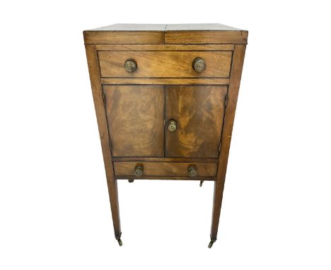 Georgian mahogany washstand cabinet, the double hinged lid opens to reveal wash basin and lift up tilting mirror, false drawe