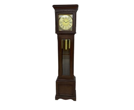 German - 20th century 8-day mahogany longcase clock, with a three-train chain-driven quarter-chiming movement chiming the qua