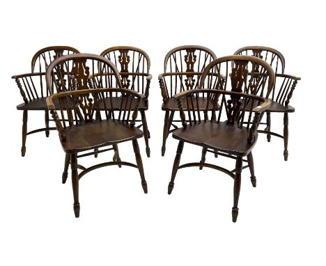 Late 20th century set six oak Windsor elbow chairs, double hoop and stick back with pierced and fretwork work splat, dished s