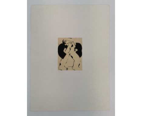 ANTES, HORST (geb. 1936 in Heppenheim, der Maler, Bildhauer und Grafiker lebt in Karlsruhe), Farbradierung: "Frau mit erhoben