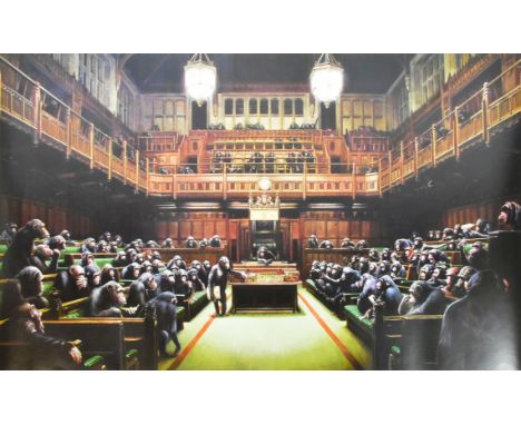 After Banksy (British, b.1974-)
Monkey Parliament - 2009
Offset lithograph on smooth wove.
Measures 84cm x 53cm.
Unframed.


