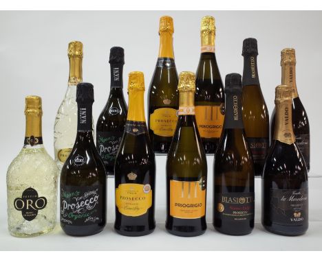 12 BOTTLES PROSECCOSoffio Oro Blanc de Blancs; Pendium Extra Dry; Enoitalia 2 x Alberto Nani Organic Vegan Extra Dry NV and 2