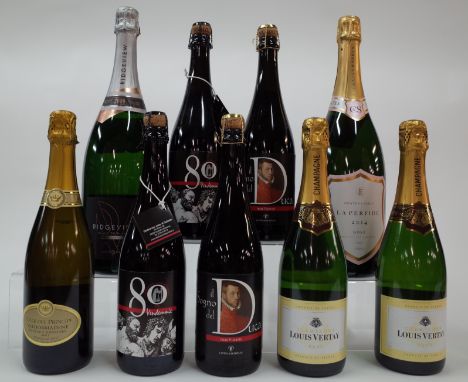 9 BOTTLES SPARKLING WINE AND CHAMPAGNEMarks + Spencer Colle Del Principe Brut NV and 2 x Louis Vertay Brut NV; Cantina Social