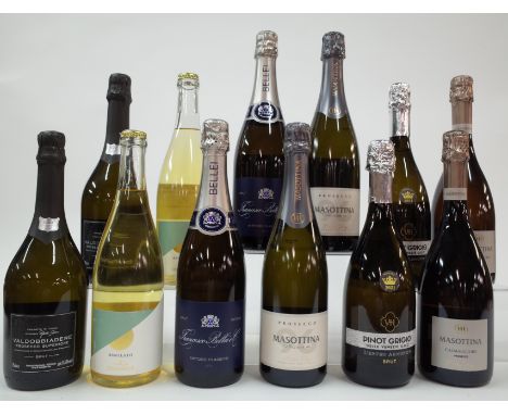 12 BOTTLES ITALIAN SPARKLING WINETesco 2 x Finest Valdobbiadene Brut NV; Diotisalvi 2 x Organic Assolato Frizzante NV; France