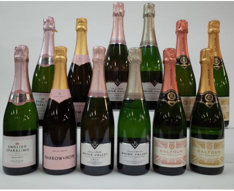 12 BOTTLES ENGLISH SPARKLING WINETesco Finest Hush Heath Estate Rosé Brut NV; Harrow + Hope 2 x Rosé Brut NV; Bride Valley 2 