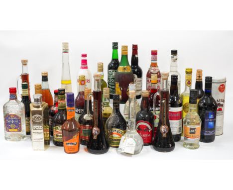 A LARGE GROUP OF SPIRITS, LIQUEURS AND OTHERS INCLUDING SAN JOSE TEQUILA (33)Also to include half bottles of Chartreuse, Camp
