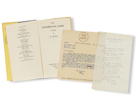 Eliot (T.S.) The Confidential Clerk, first edition, first issue, p.7 reading 'Ihad to send him to the City this morning', ink