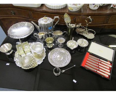 A mixed quantity of silver and silver plated items to include an Indian white dish with embossed decoration of ducks, horses 