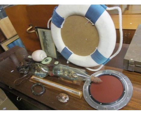 A mixed lot of  mainly nautical items to include two ships in bottles, binoculars, a boxed Mercury thermometer and other item