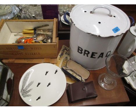 A vintage enamelled bread bin, a Wedgwood Man Friday plate and other vintage items