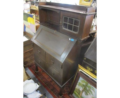 An early 20th century Art Nouveau mahogany bureau with display shelf above, 53"h x 36 1/4" x 18"w 