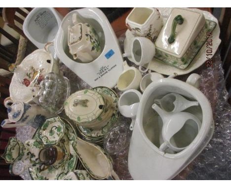 Mixed vintage pottery and china to include Masons and a bed pan, along with a selection of glass jelly moulds 